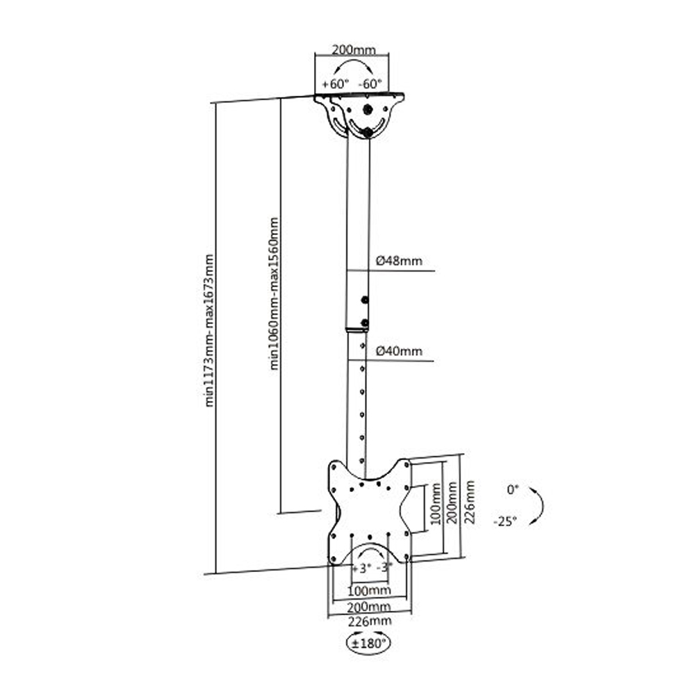 HFTM-CM2342: Telescopic Swivel & Tilt Ceiling Mount Bracket for Flat LCD/LEDs - Fits Sizes 23-42 inches - Maximum VESA 600x400